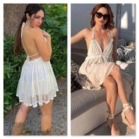 Backless Babydoll Short Dress in Beige - Picture 12 of 16